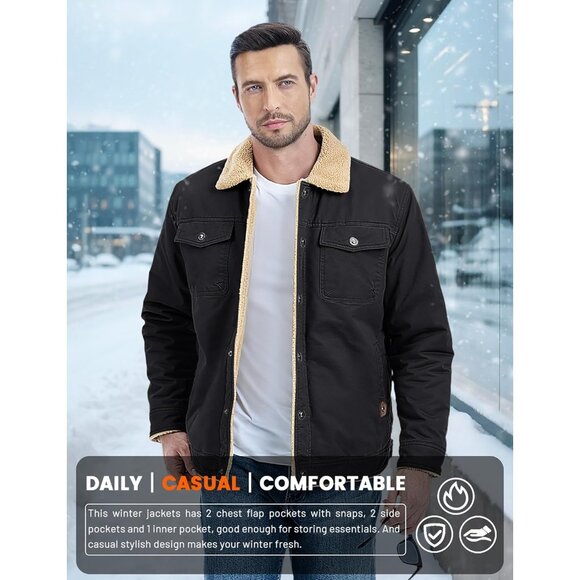 Mens Black AI Winter Sherpa Lined Jacket Warm Trucker Coat Multi Pocket - Picture 4 of 7